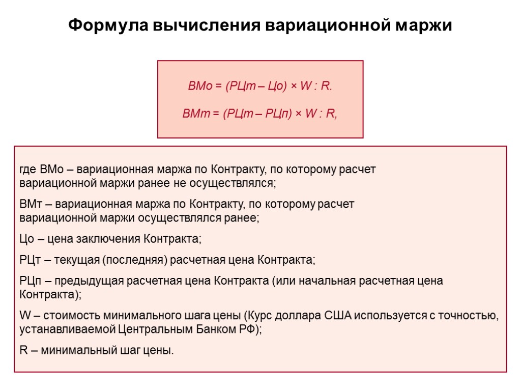 Формула вычисления вариационной маржи где ВМо – вариационная маржа по Контракту, по которому расчет